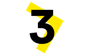 Numero tre con forma astratta del colore giallo di GoTo dietro di esso.