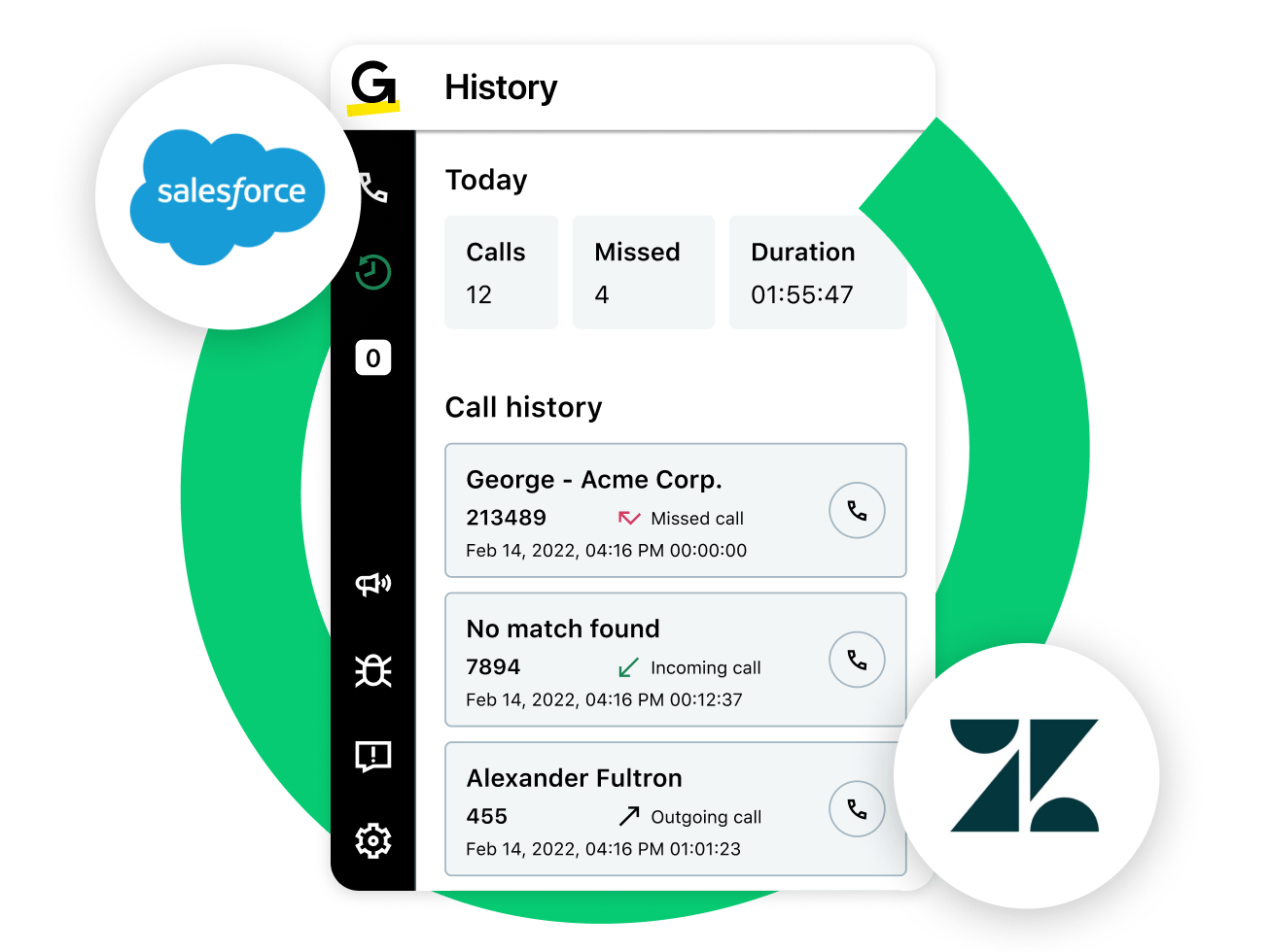 Screen showing the GoTo Connect integrated interface with Zendesk, along with Salesforce integration options