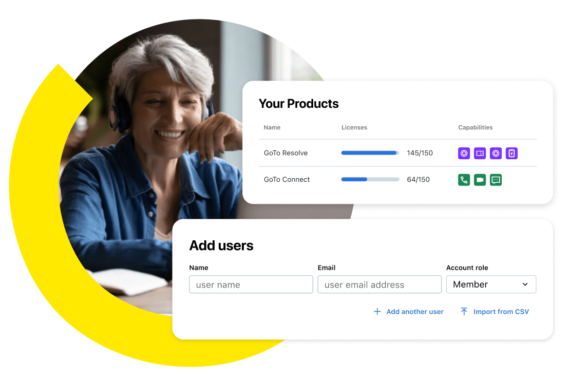 Weergave van het GoTo Admin-paneel dat laat zien hoe je meerdere GoTo-producten en gebruikerslicenties kunt beheren en toevoegen.
