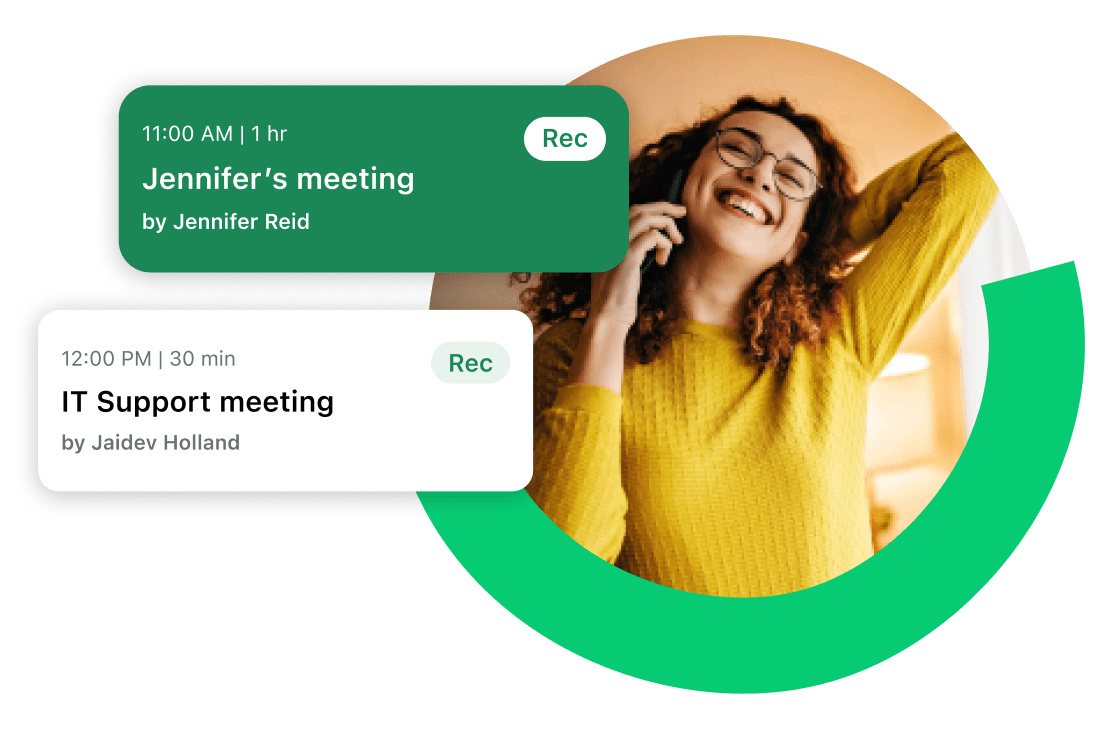 Vista en teléfono móvil de la página de bienvenida de GoTo Connect, con opciones de llamada y buzón de voz, así como detalles de una reunión de un vistazo