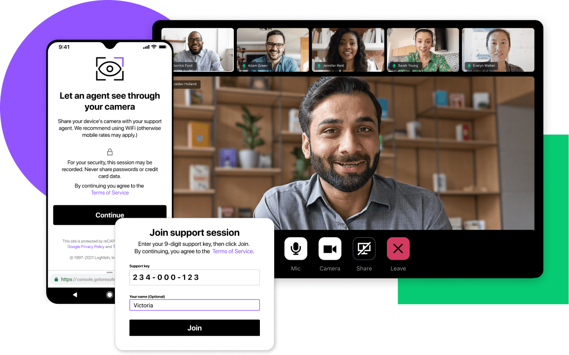 Scherm toont een telefonische vergadering via GoTo Connect en schermen die laten zien hoe een supportsessie van GoTo Resolve wordt geopend en hoe een onderhoudstechnicus toegang verkrijgt tot de camera