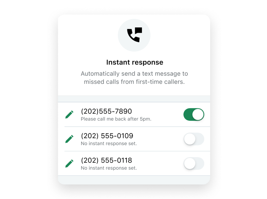 Toggling the Instant Response setting on or off for numbers in GoTo Connect, with the option to customize response text messages.  