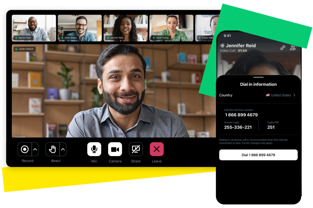 Screen che mostra una videoconferenza su desktop e dispositivo mobile, con opzioni per accedere dal tuo Paese di interesse