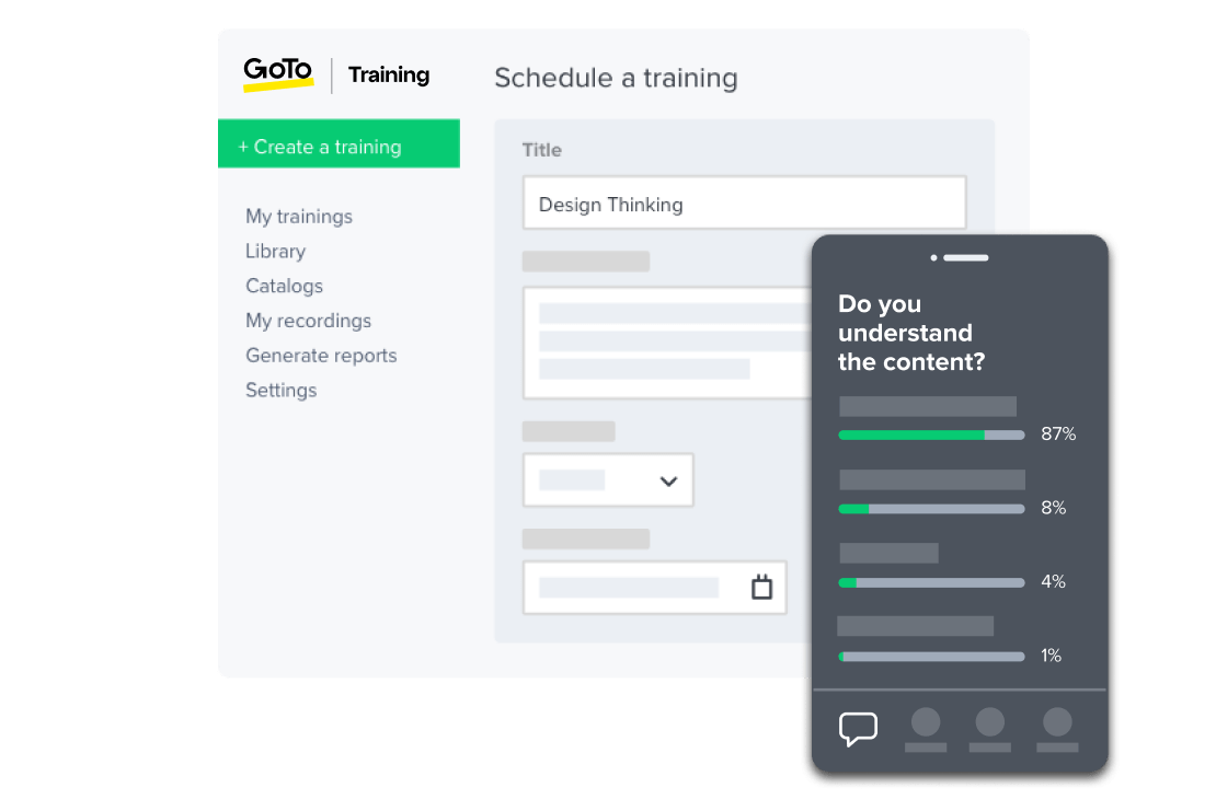 Go To Training schedule interface on desktop along with a survey on a mobile device.
