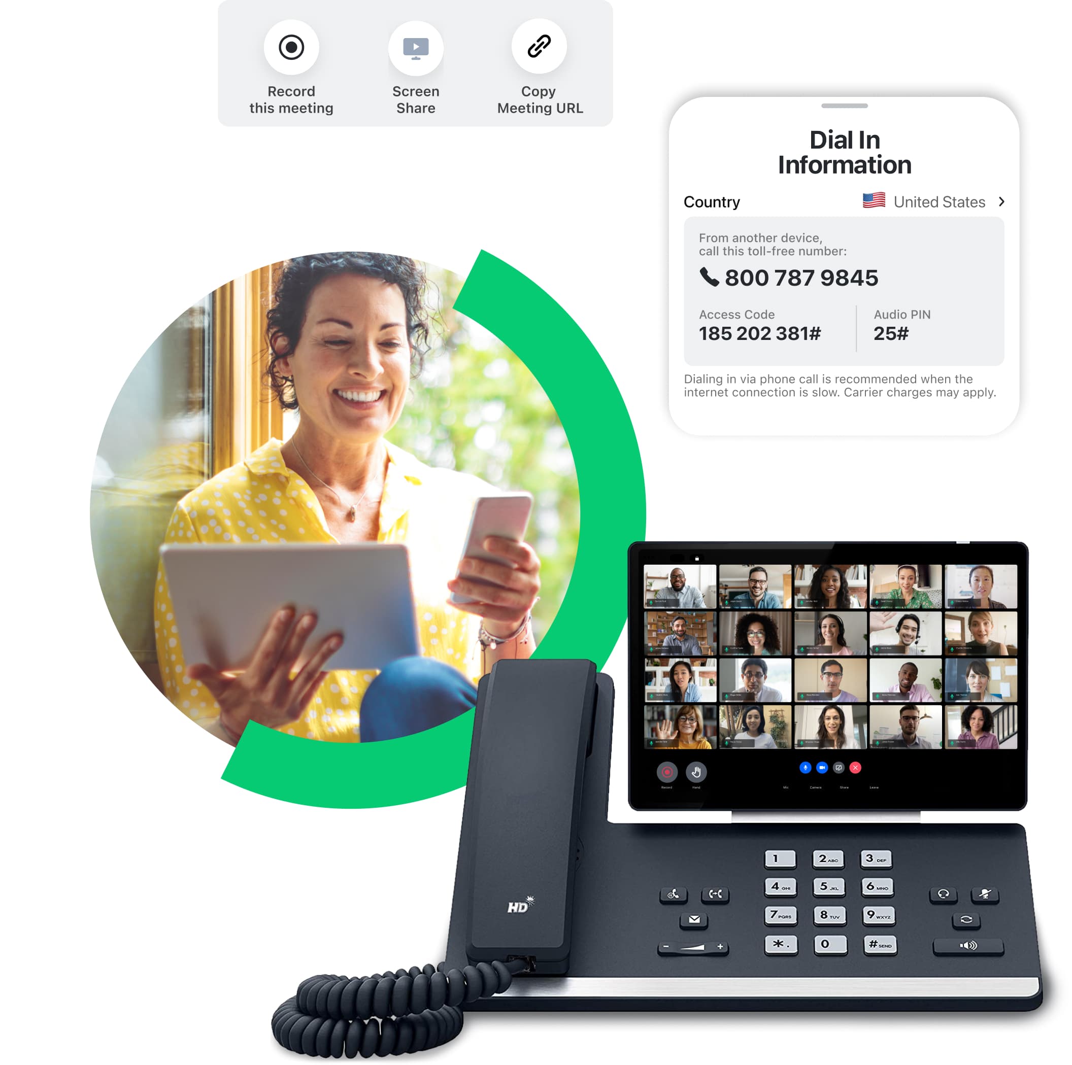 GoTo Connect Interface conference bridging on tablet, smartphone and desk phone.