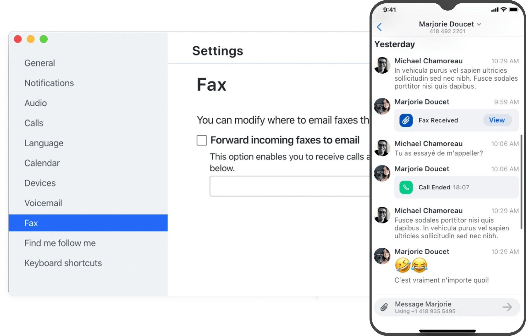 Weergave van optie om doorsturen van faxen in te stellen in GoTo Connect, met een smartphone waarop een e-mail inbox met doorgestuurde faxen te zien is.