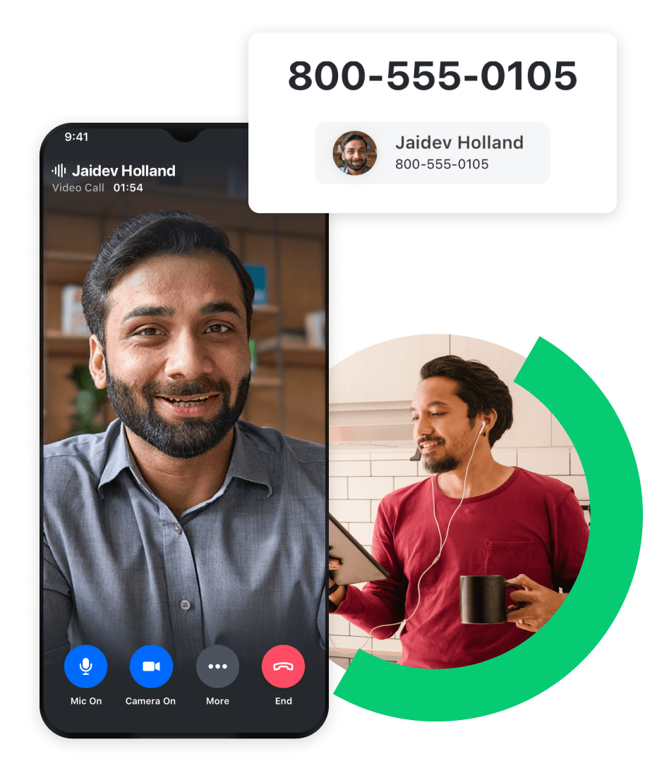 Collage showing a man accepting a call from his kitchen after recognizing his custom number and caller ID.