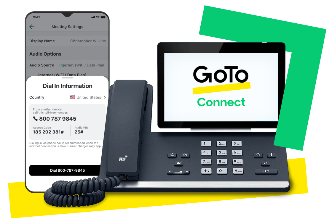 GoTo Connect being used on a mobile phone as well as a desk phone for an office.
