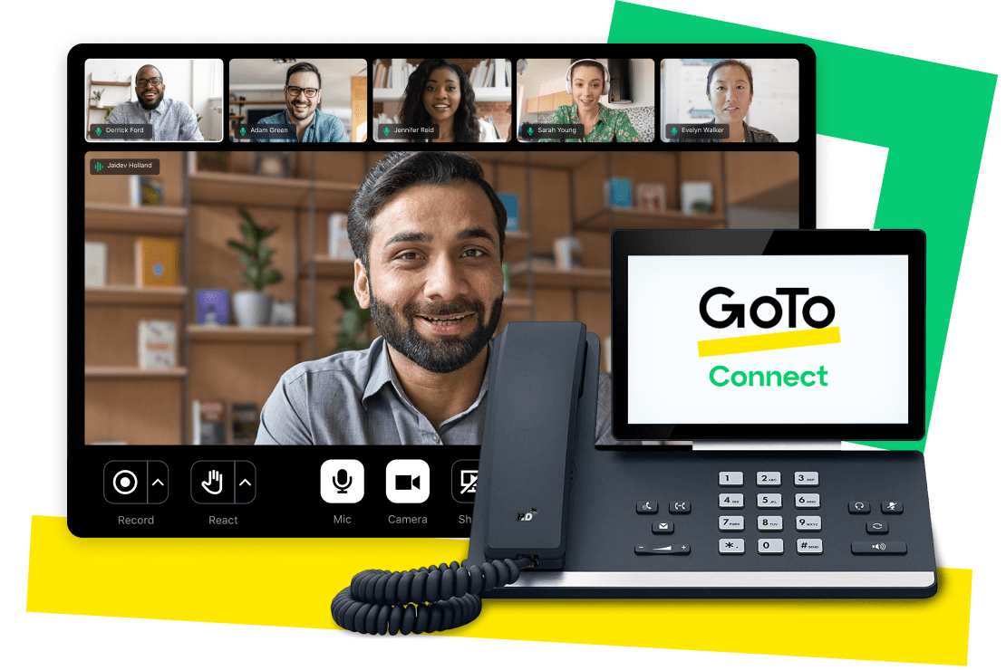 GoTo Connect being used on a desktop computer for video conferencing, as well as a conference call through an office desk phone.