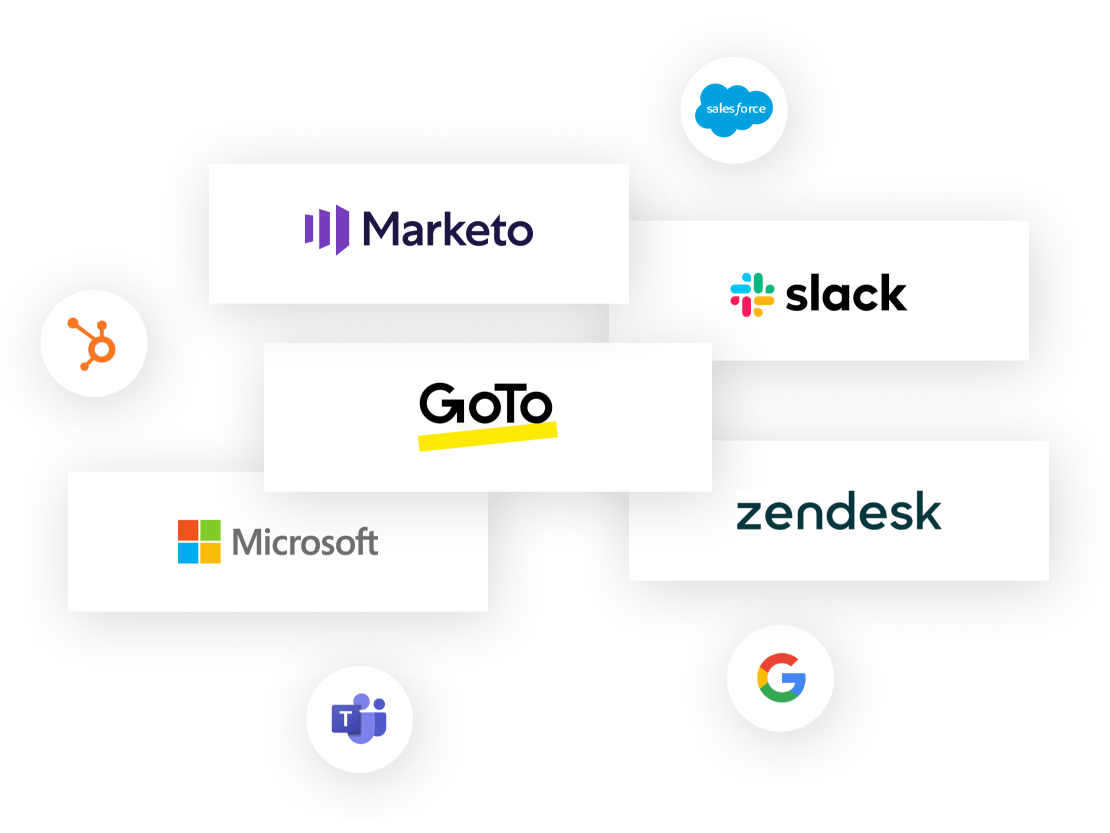Collage showing popular GoTo Connect integrations, like Slack, Marketo, Teams and Zendesk. 