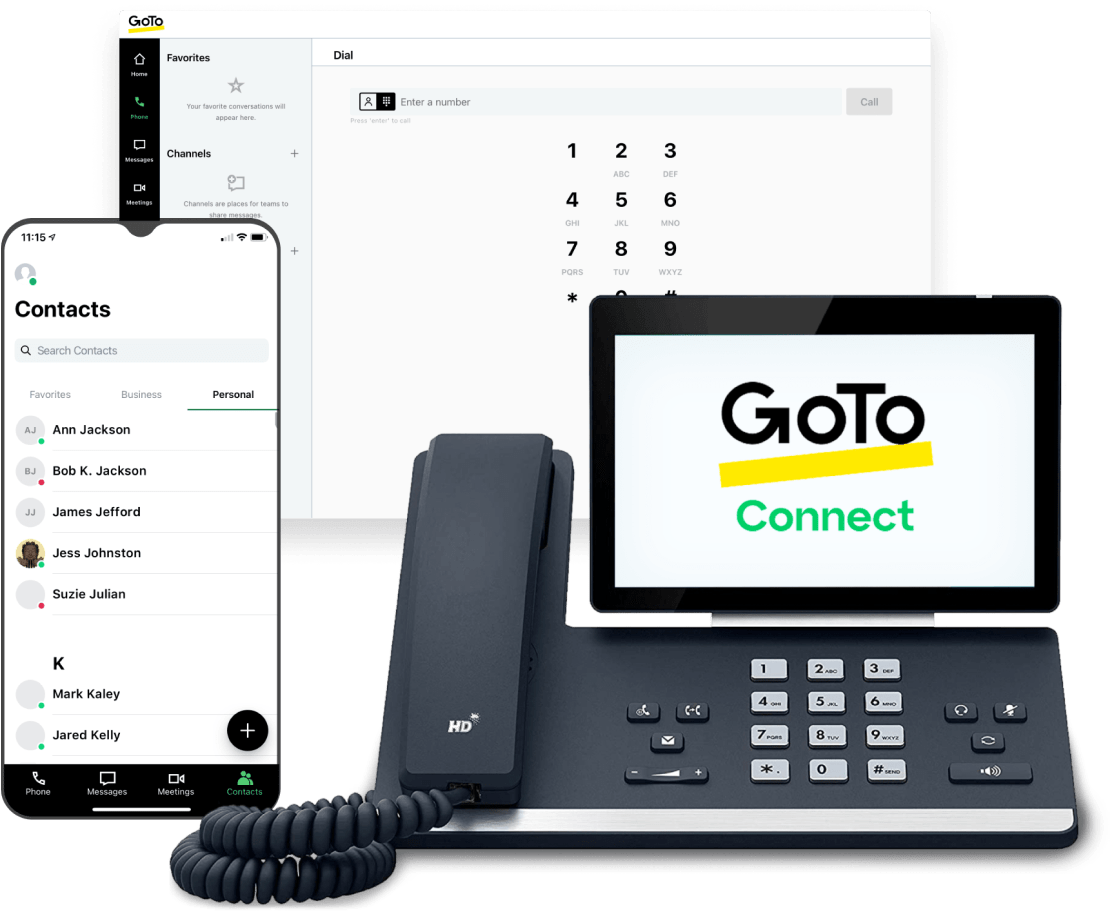 GoTo Connect-Benutzeroberfläche auf Mobilgerät, Tischtelefon und Desktop. Zu sehen sind die Kontaktansicht und das Wählfeld. 