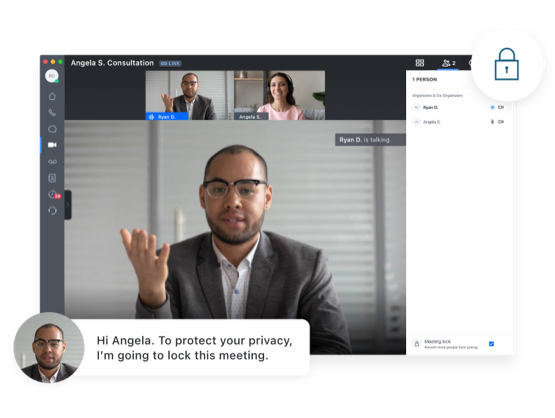 A lawyer and client GoTo video call meeting with a lock icon and a text bubble that says, ‘Hi Angela. To protect your privacy I’m going to lock this meeting.’ 