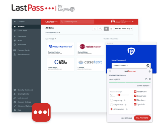 The LastPass desktop user interface with the LastPass logo above and a PracticePanther new password screen with the LastPass password generater user interface to the right.