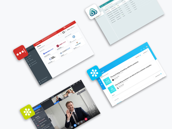 Four screens floating at a thirty degree angle with the user interfaces and logos for the following products (from left to right, top to bottom): LastPass, GoToAssist, GoToConnect, GoToWebinar.