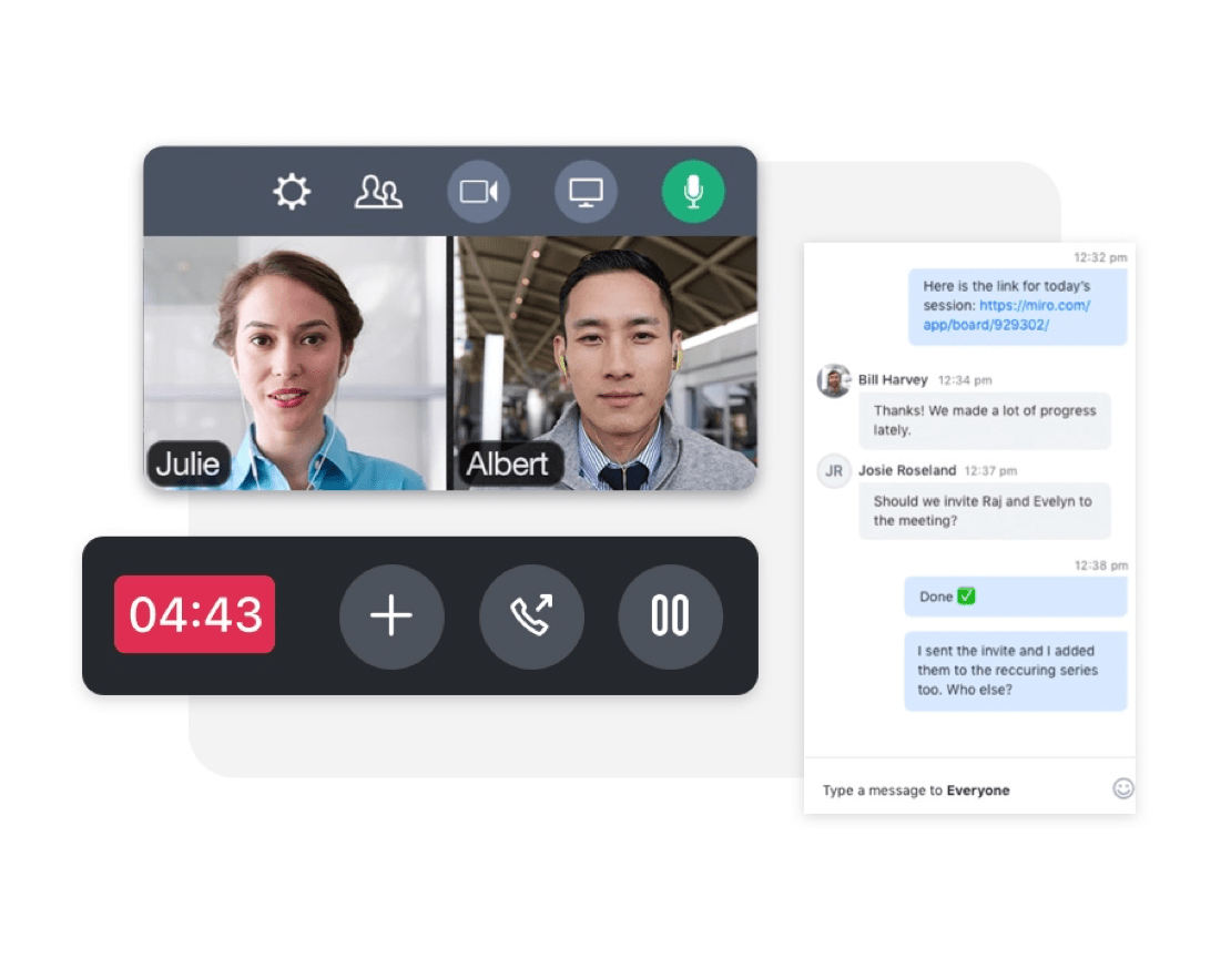 A lawyer and client in the minimized GoTo video call meeting interfaced with the call controls displayed below and the message field interface to the right.