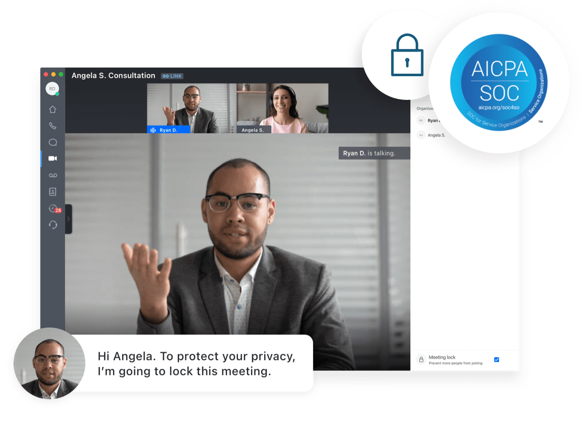 A lawyer and client GoTo video call meeting with a lock icon and a text bubble that says, ‘Hi Angela. To protect your privacy I’m going to lock this meeting.’