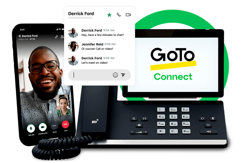 De app van GoTo Connect op desktop en mobiel apparaat.