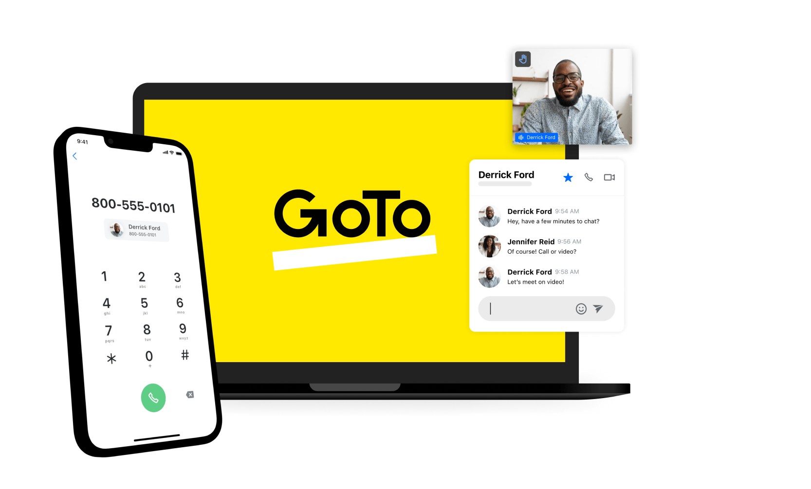 Aplicación GoTo Connect en ordenador de escritorio, teléfono de escritorio de oficina y dispositivo móvil.