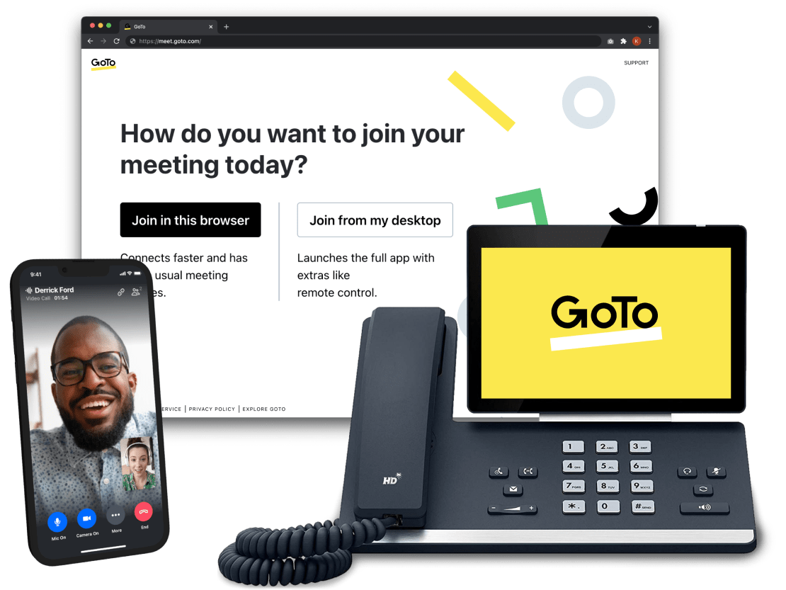 GoTo Connect app interface shown on desktop, office desk phone, and mobile device.