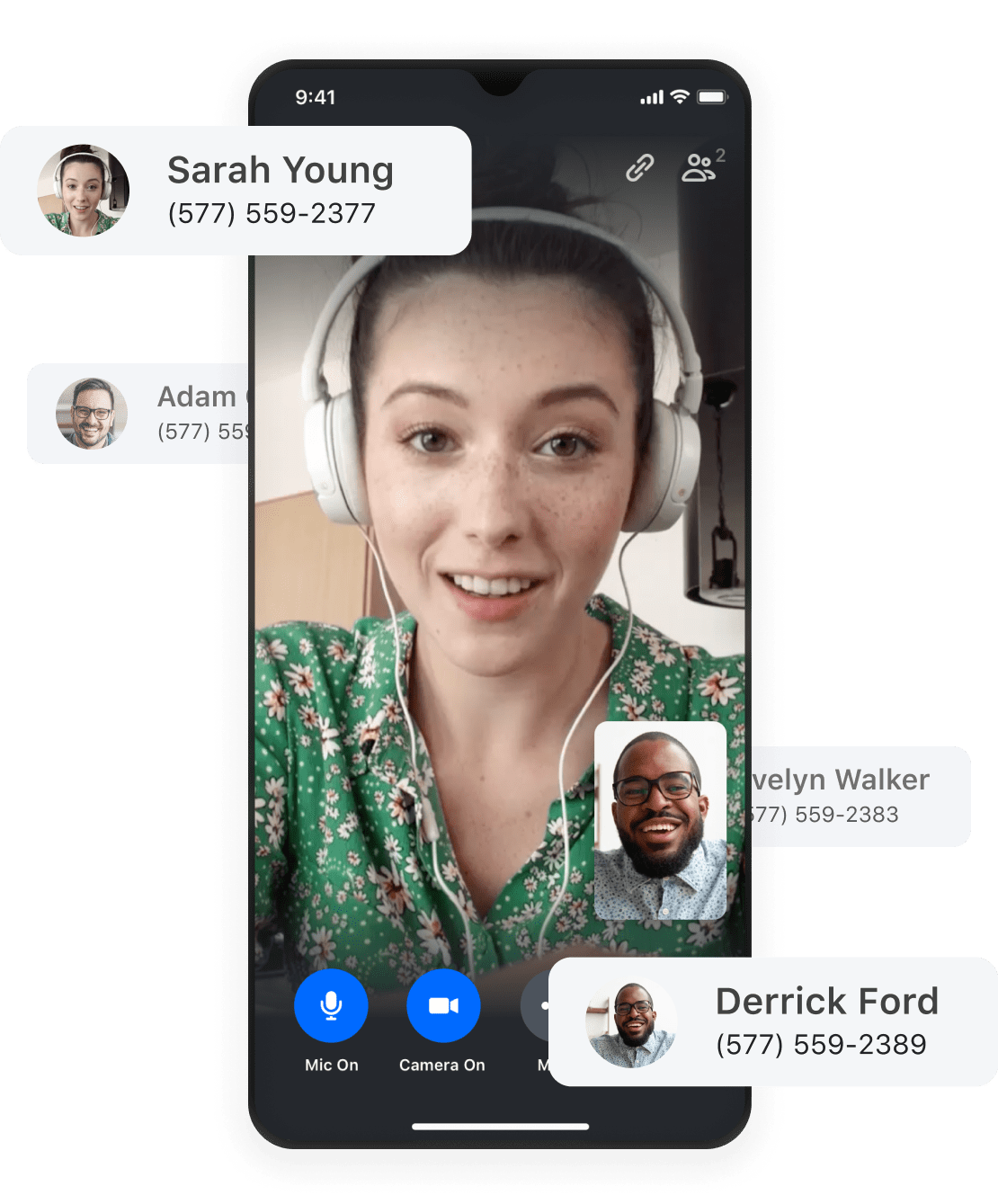 Een gesprek van GoTo Connect op de privételefoon van een medewerker, met de aangepaste telefoonnummers van andere medewerkers.