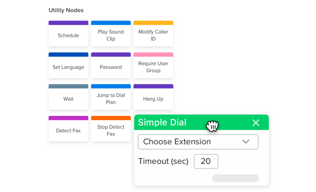 Collage de las opciones de planes de llamadas de GoTo Connect, que incluyen la programación, la detección de faxes, la configuración de idioma y la reproducción de clips de sonido.
