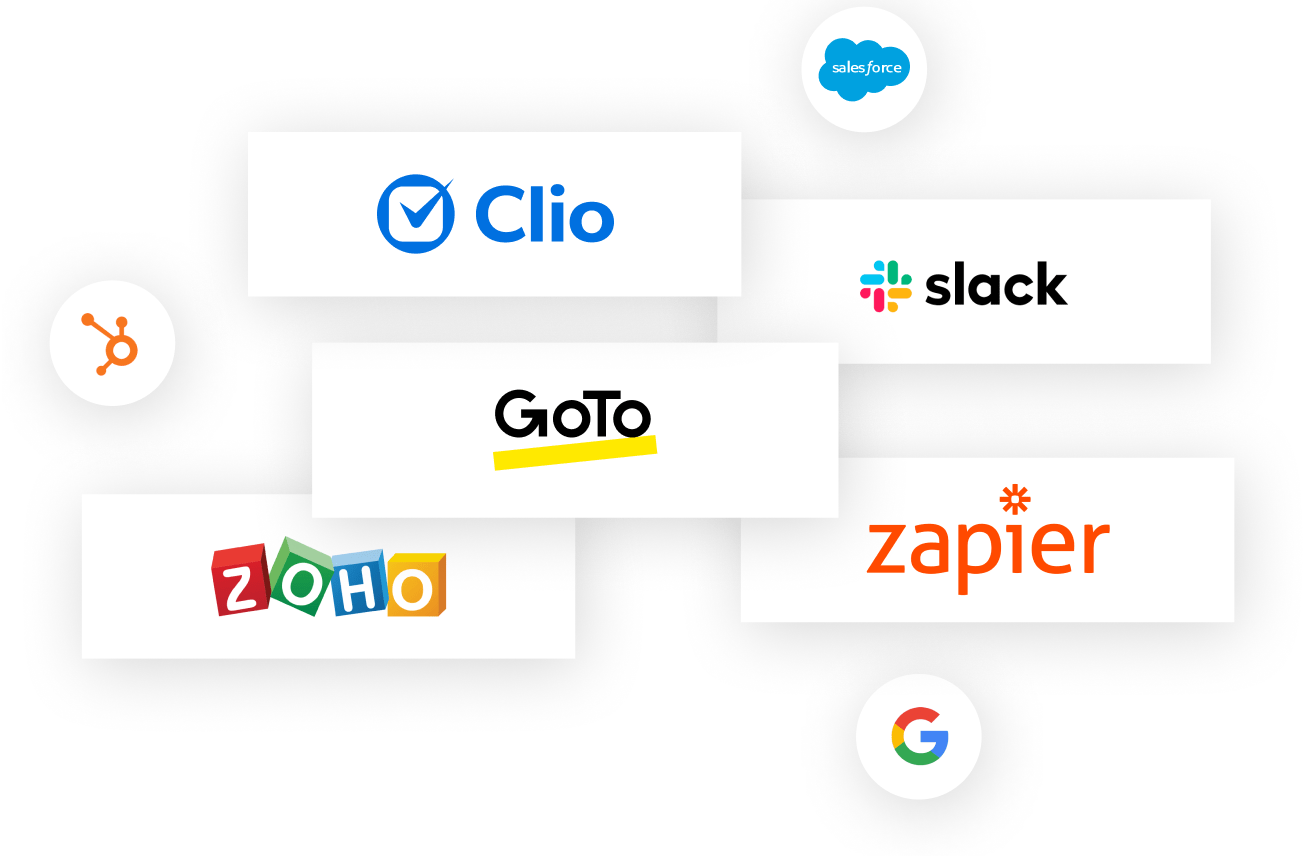 A collage of some of GoToConnect’s many integrated tools: such as Clio, Slack, Zoho, Zapier, Salesforce, Google, and Hubspot.