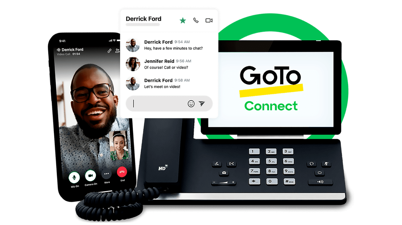  Demo der GoTo Connect-Tools, um in Kontakt zu bleiben, darunter die Telefonanwendung, der Chat und die Telefonanlagenintegration.