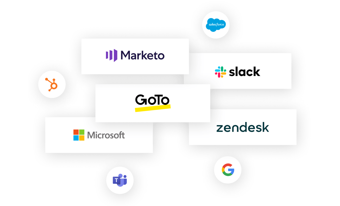 A collage of some of GoTo Connect’s many integrated tools: such as Marketo, Salesforce, Slack, Hubspot, Microsoft, Zendesk, Teams, and Google