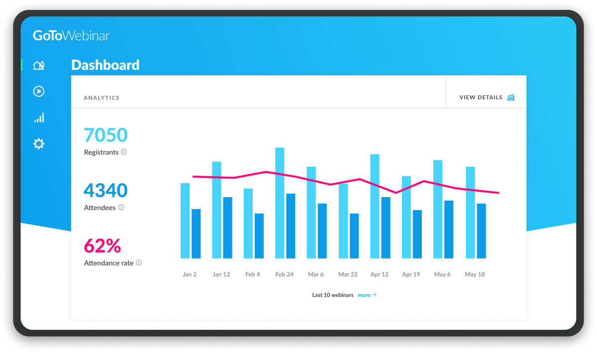 GoTo Webinar product display on tablet showing upcoming events and analytics dashboard