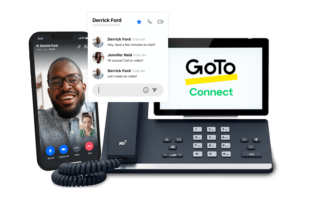 Produto GoTo Connect exibido no dispositivo móvel, no telefone do escritório e na interface do chat.