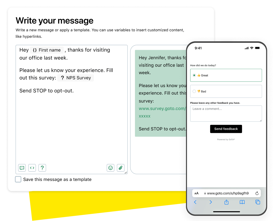 Screen for writing SMS campaign messages, and linking to GoTo Connect’s new survey tool.
