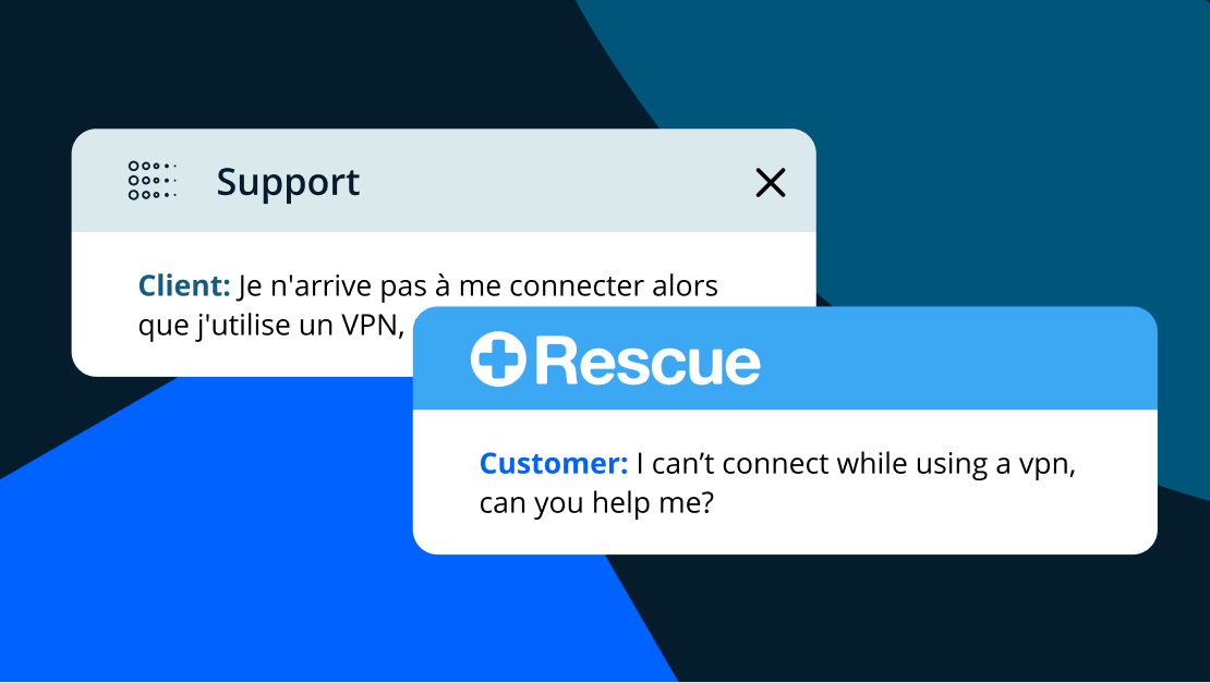 Ein Bild zeigt, wie Rescue eine Kundenfrage für den/die Mitarbeiter:in vom Französischen ins Englische übersetzt.