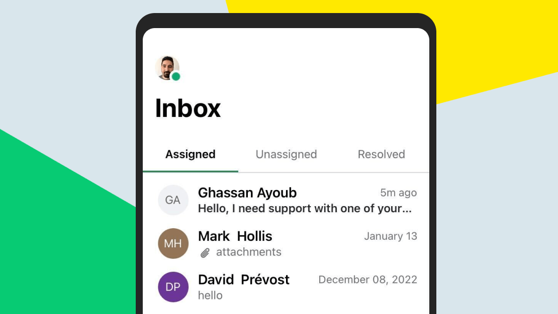 Phone screen showing a shared inbox with categories of assigned, unassigned, and resolved messages.