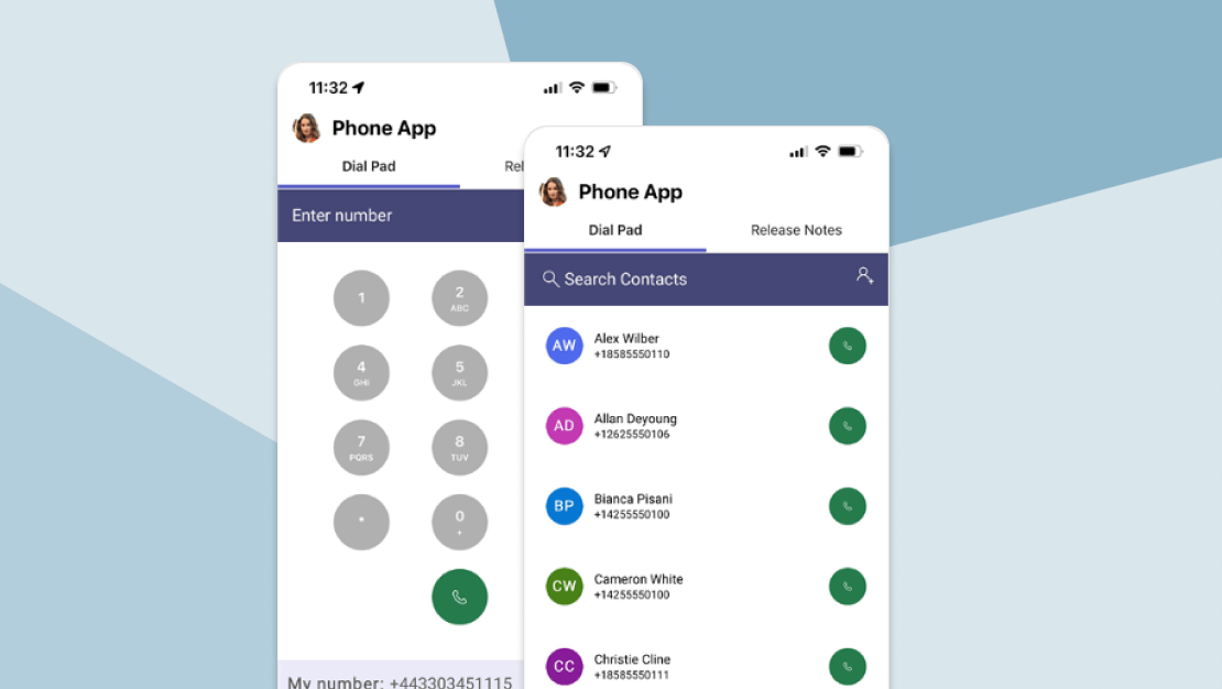 Searching Contacts and dialing a number in the Microsoft Teams Phone app.