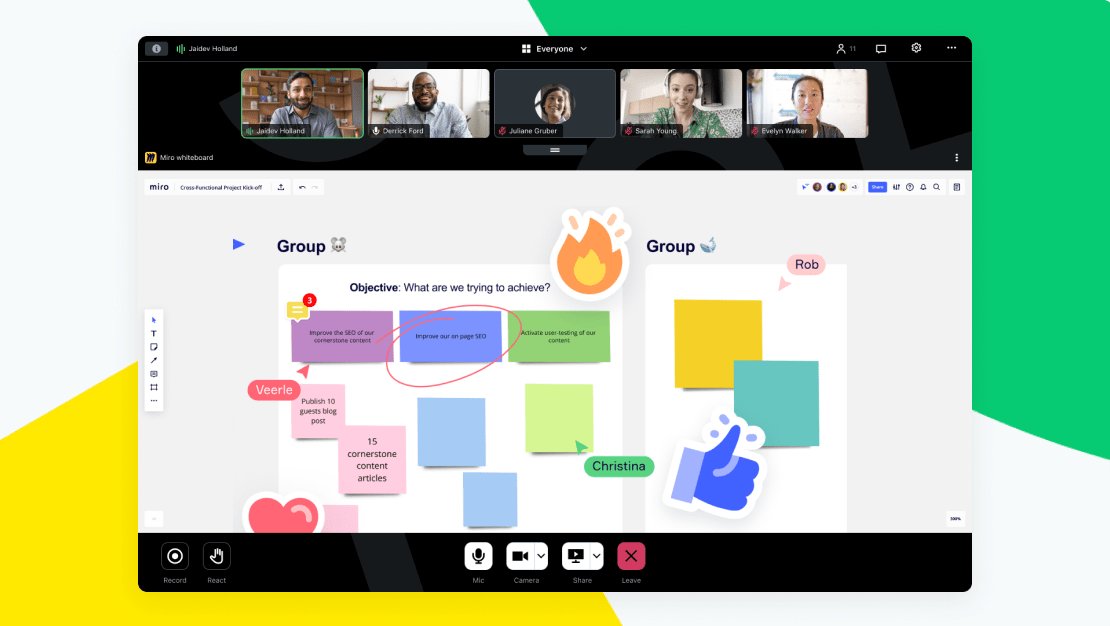 GoTo Connect interface, showing a group of remote employees brainstorming and whiteboarding with the Miro integration while using their webcams.