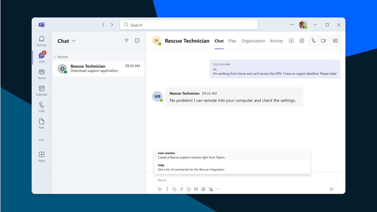 Screen che mostra una sessione di supporto LogMeIn Rescue lanciata direttamente su Microsoft Teams.