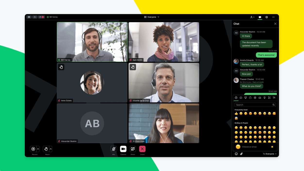 Screen che mostra una videoconferenza GoTo Meeting e un pannello di chat aggiornato con emoji.