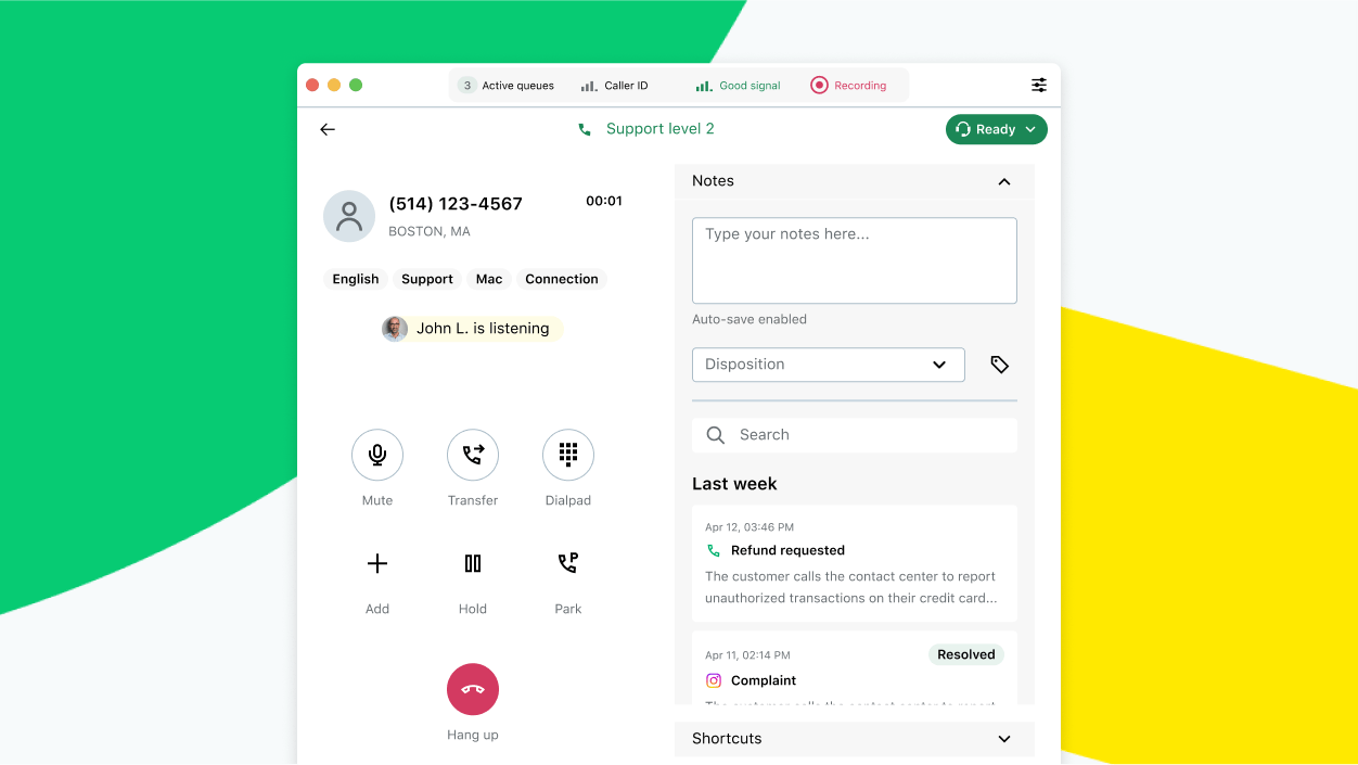 Bildschirm zeigt einen Contact-Center-Mitarbeiter in einem Supportanruf mit einem Kunden.