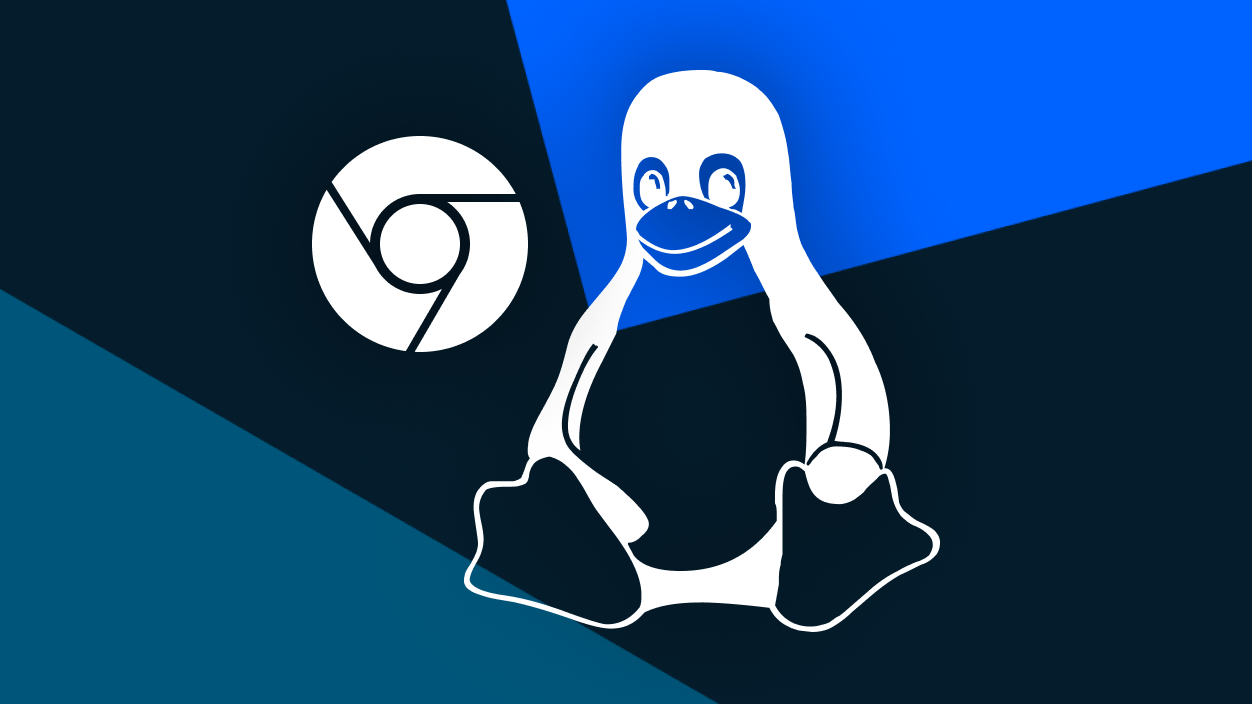 Logo van Linux en logo van Chrome in wit op een blauwe achtergrond.