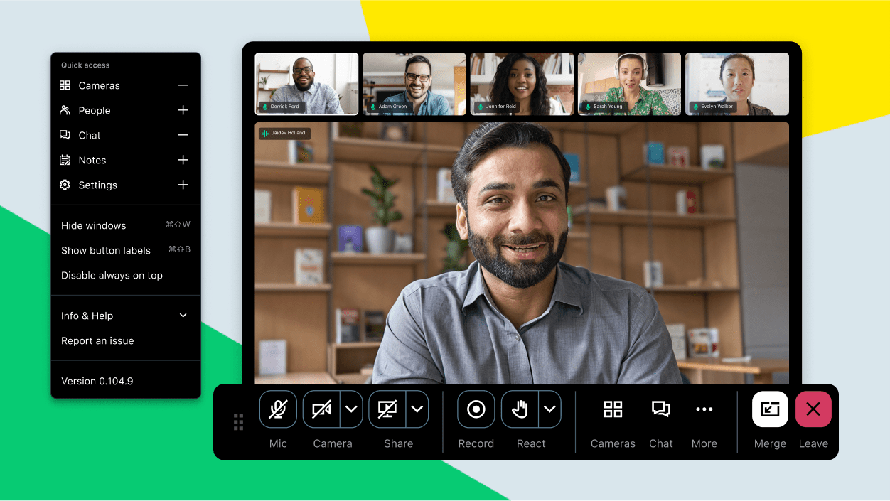 Tela exibindo a IU de videoconferência do GoTo Meeting dividida em partes móveis que o usuário pode personalizar.