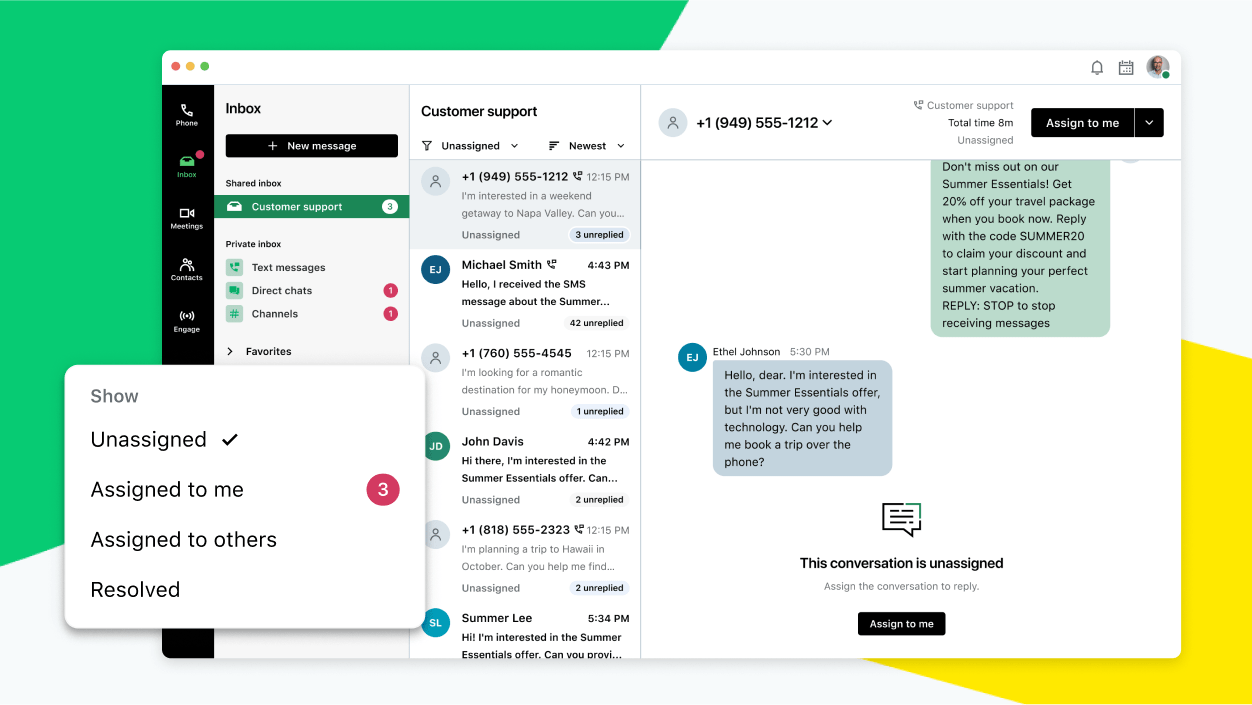 Screens showing a customer support inbox with the option to assign it to yourself, other agents, or mark resolved.