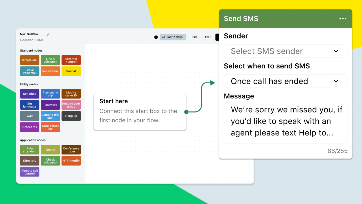 Tela exibindo o editor de arrastar e soltar do plano de discagem no GoTo Connect com o novo nó de mensagens SMS.