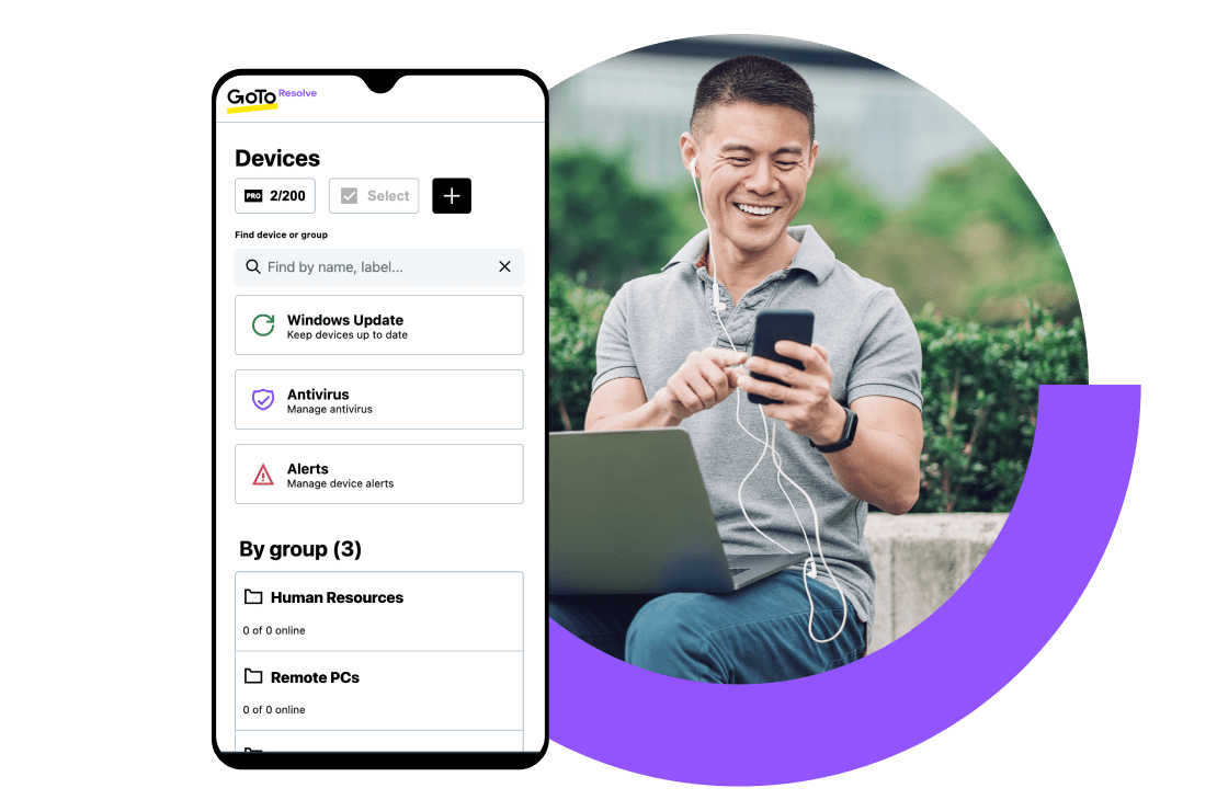 Homme utilisant les fonctions d’accès à distance de GoTo Resolve sur mobile pour une assistance à distance flexible, partout et à tout moment