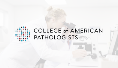 College of American Pathologists logo overlaid on image of scientist