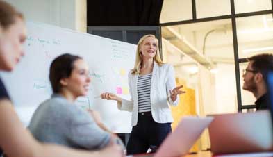 Woman leading team in brainstorming session with whiteboard