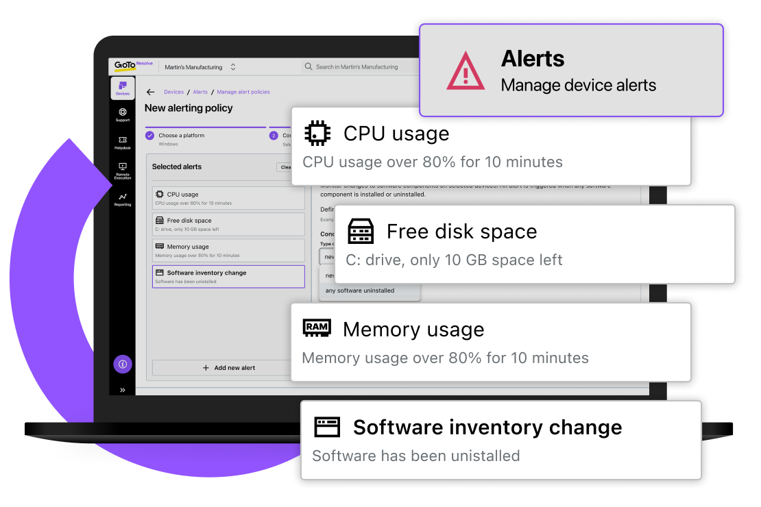 Vista de la función de alertas informáticas de GoTo Resolve con las nuevas políticas de avisos, como el uso de la CPU, el espacio de disco, el uso de la memoria y los cambios en el inventario de software.